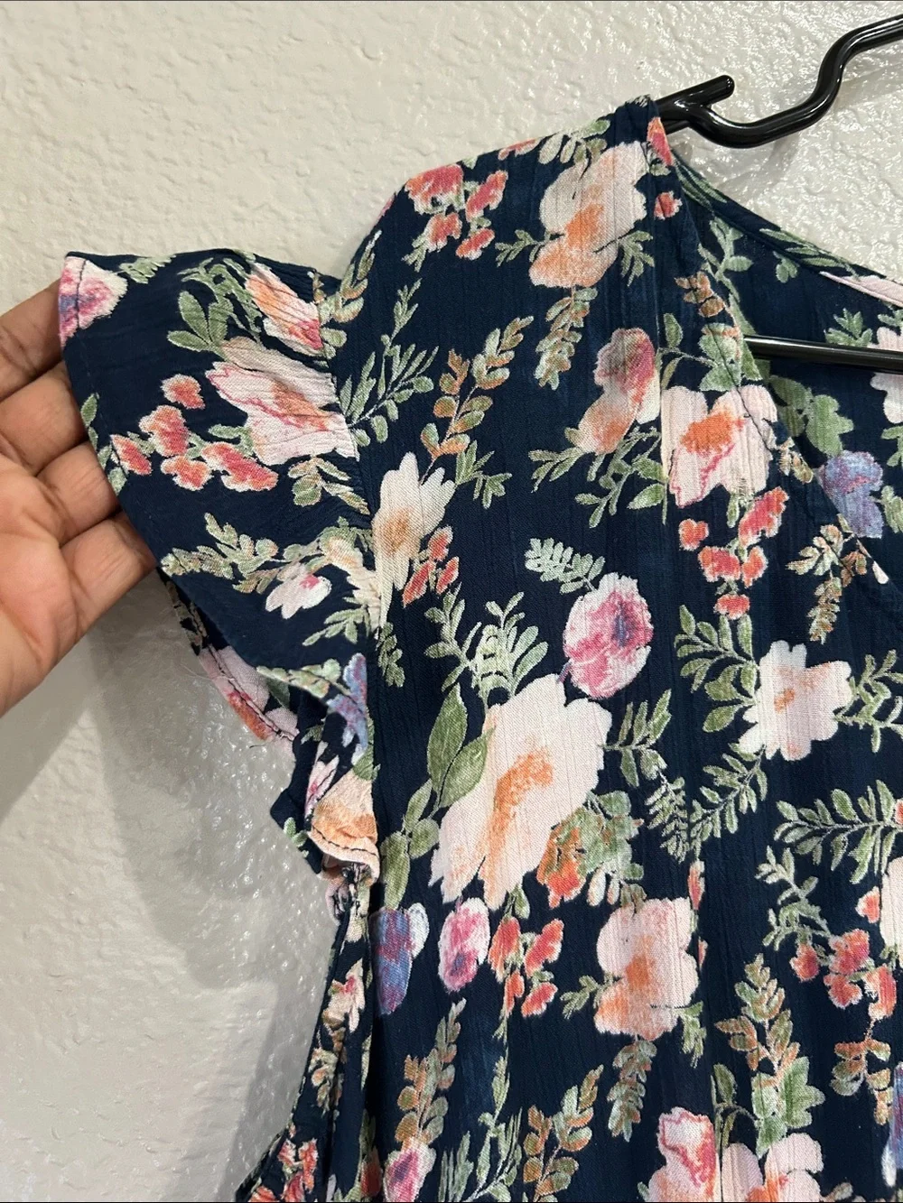 Studio West Women’s Navy Midi Dress Pink Floral Print Sz XL Ruffle Summer TC0013